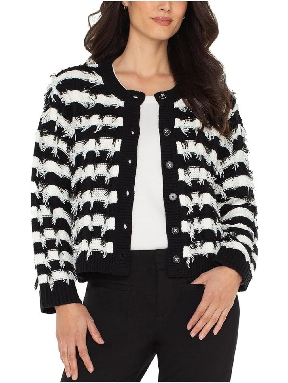 Liverpool Women's Long Sleeve Fringe Cardigan Sweater black white stripe size XS